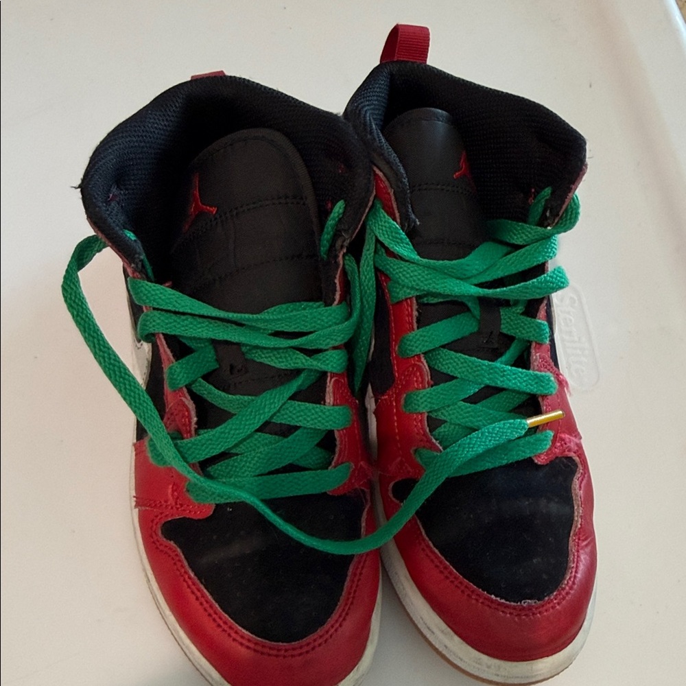 Nike Kids Red and Black High-Top Sneakers with Green Laces